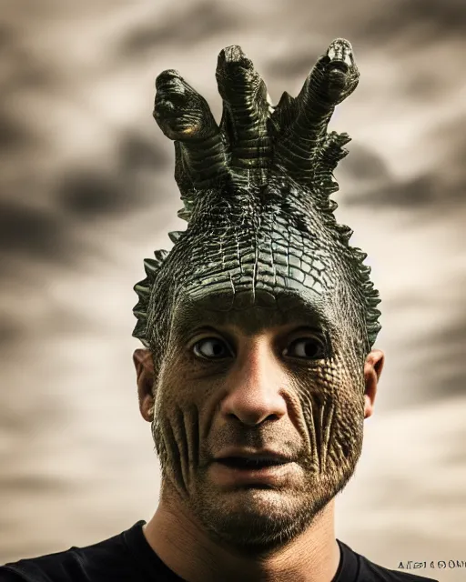 Prompt: Man with a head of a crocodile, XF IQ4, 150MP, 50mm, f/1.4, ISO 200, 1/160s, natural light, Adobe Photoshop, Adobe Lightroom, DxO Photolab, polarizing filter, Sense of Depth, AI enhanced, HDR