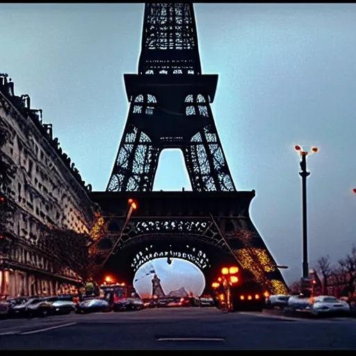 Image similar to A beautiful intricate 8K award-winning cinematic movie photograph of the future Eiffel Tower, devastated and decaying, completely covered in billboards. in the year 2043, by Bruno Delbonnel. Arri Alexa 65, IMAX 70mm footage