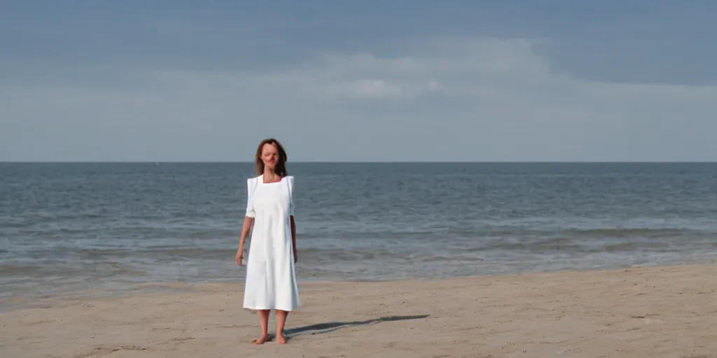 Prompt: a woman wearing a white dress standing on a beach in Denmark, in the style of Peder Severin