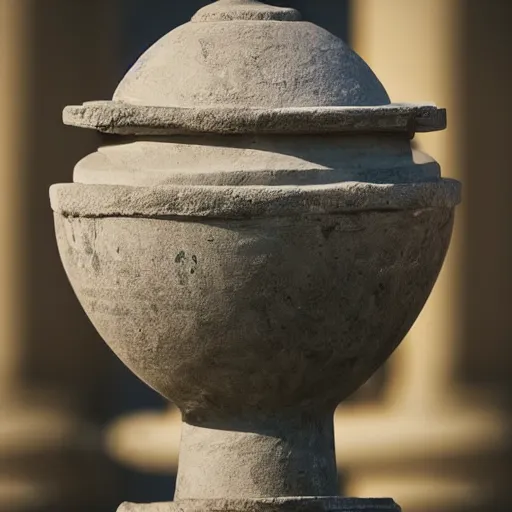 Image similar to studio photo of a marble vase, in the shape of an ancient temple. baroque details. museum. close up photo. bokeh. photorealistic, ultra detailed.