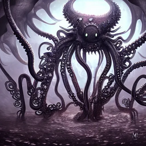 Image similar to unimaginable faceless creature, many eyes, many tentacles, many teeth, dark souls inspired, concept art by Hidetaka Miyazaki