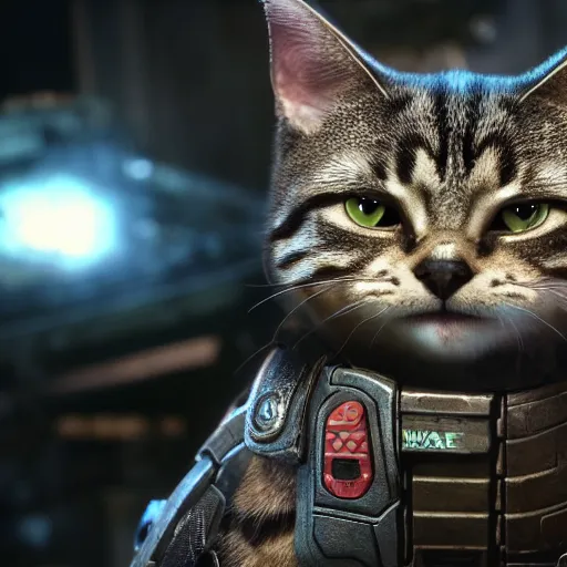 Image similar to lil bub the cat in Gears of War, splash art, movie still, cinematic lighting, dramatic, octane render, long lens, shallow depth of field, bokeh, anamorphic lens flare, 8k, hyper detailed, 35mm film grain