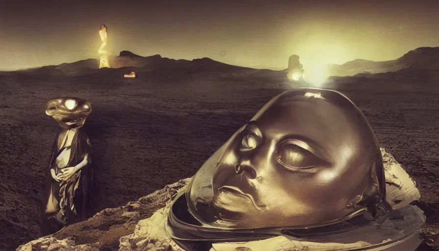 Image similar to glowing bene gesserit in full - face golden glowing mask meet salvador dali in a black rocky desert landscape with alienabandoned city beneath the sand and giant alien spaceship in the sky attacks the earth by christopher doyle and alejandro jodorowsky, anamorphic lens, kodakchrome, cinematic composition, very detailed photo, 8 k,