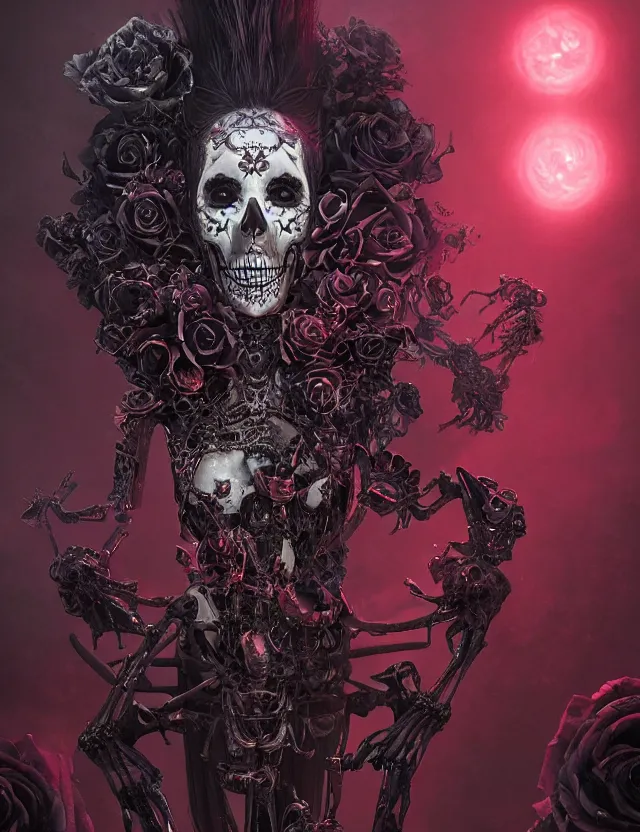 Image similar to a chaotic goddess of death skeleton as a heroine, intricate, elegant skull black rose s day of the dead atmospheric, dramatic, Trending on artstation. augmentations and cybernetic enhancements neon circuits, greg rutkowski , hyperrealist, cinema4D, 8k highly detailed