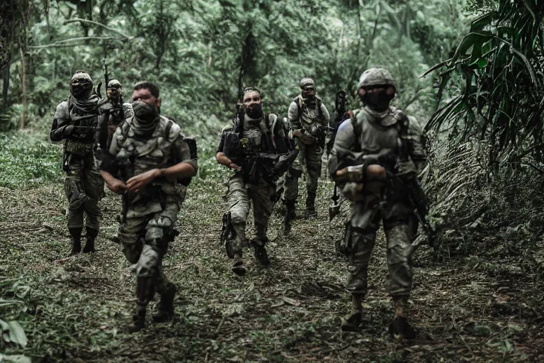 Prompt: Mercenary Special Forces soldiers in grey uniforms with black armored vest in a battlefield in the jungles 2022, Canon EOS R3, f/1.4, ISO 200, 1/160s, 8K, RAW, unedited, symmetrical balance, in-frame, combat photography