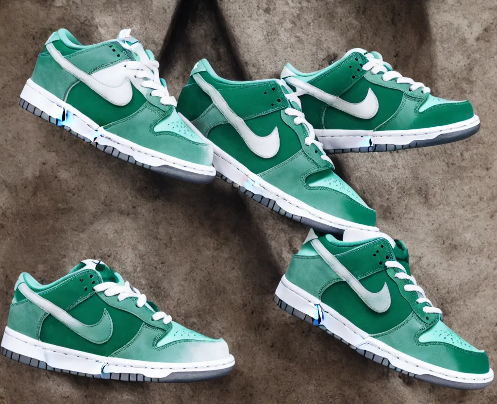 Image similar to a press photograph of nike dunks low pine green and white, size 1 0, white background