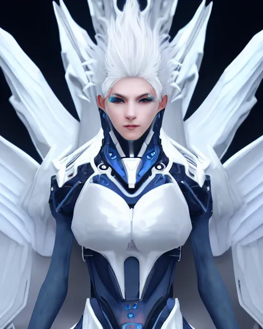 Prompt: perfect white haired attractive alien being with huge white dove wings, warframe armor, beautiful, symmetric, dreamy, half asian, pretty face, blue eyes, detailed, scifi platform, laboratory, experiment, 4 k, ultra realistic, epic lighting, android body, illuminated, cinematic, masterpiece, art by akihito tsukushi, voidstar