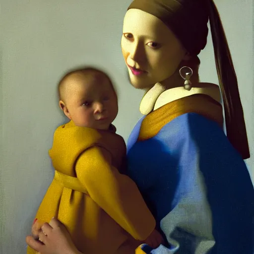 Image similar to pure love is patient love is kind, mother and child ; photorealistic oil painting by johannes vermeer ; highly detailed cute faces by wlop ; trending on artstation ; 8 k high resolution, symmetrical, cinematic, high coherence, golden ratio, rule of thirds, perfectly centered ; anatomically correct faces