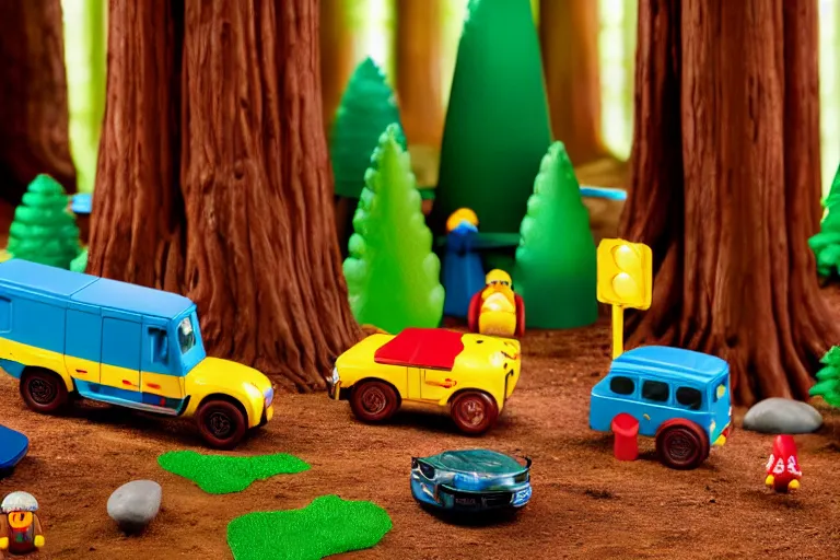 Image similar to fisher price redwood forest, california scene from tv show hyper detailed 5 5 mm 8 5 mm, toy photography