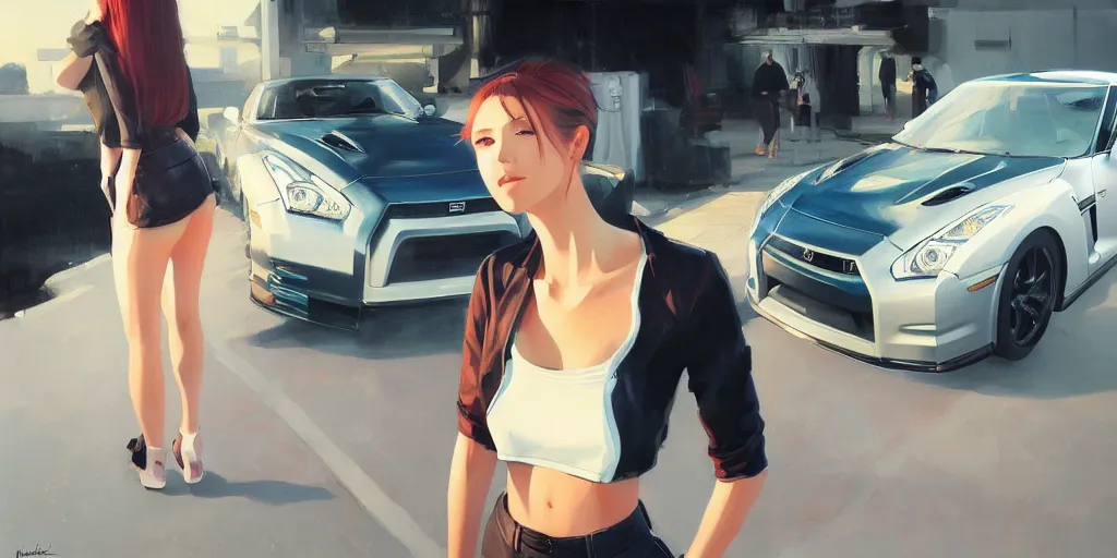 Image similar to A ultradetailed beautiful panting of a stylish girl standing in front of a Nissan GTR, Oil painting, by Ilya Kuvshinov, Greg Rutkowski and Makoto Shinkai