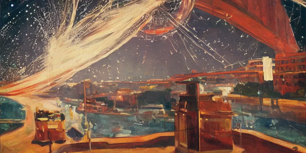 Image similar to street art. paralyzed by the indescribable beauty of the cosmos. amazing view of the electric trail from lisbon. art style by edward hopper daring, incredible