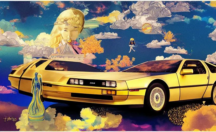 Image similar to a yellow delorean in the clouds, golden hour, colourful art by salvador dali, hsiao - ron cheng & utagawa kunisada, magazine collage,