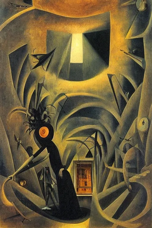 Image similar to surrealist painting by remedios varo full of subtle hints, mystic characters and misleading perspectives, ultrastation hq, 8 l, hyperrealistic, very highly detailed