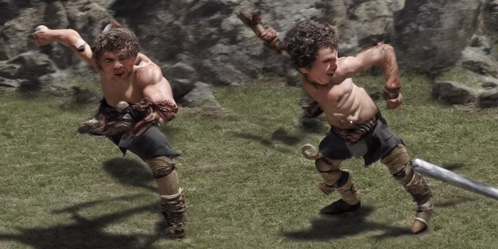 Image similar to 4k still of a ripped athletic halfling in combat