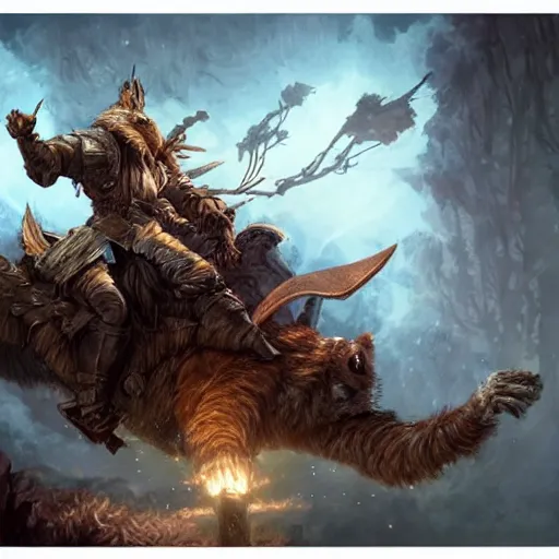 Image similar to Squirrel knight riding tiger, magic the gathering artwork, horror, D&D, fantasy, cinematic lighting, centered, symmetrical, highly detailed, digital painting, artstation, concept art, smooth, sharp focus, illustration, volumetric lighting, epic Composition, 8k, art by Akihiko Yoshida and Greg Rutkowski and Craig Mullins, oil painting, cgsociety