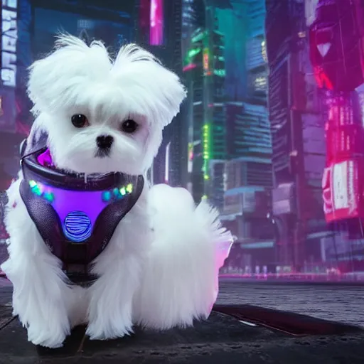 Image similar to a cyberpunk maltese dog