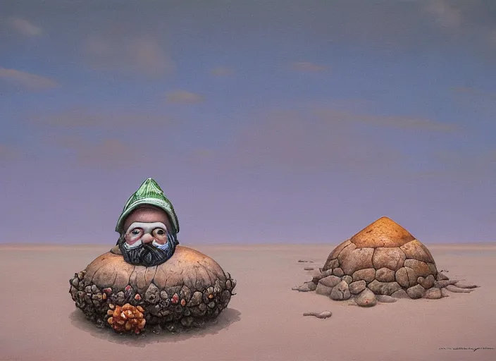 Image similar to a discarded half - buried garden gnome in a vast barren desert, an ultrafine detailed painting by mark ryden, trending on deviantart, pop surrealism, whimsical, lowbrow, perfect symmetrical face