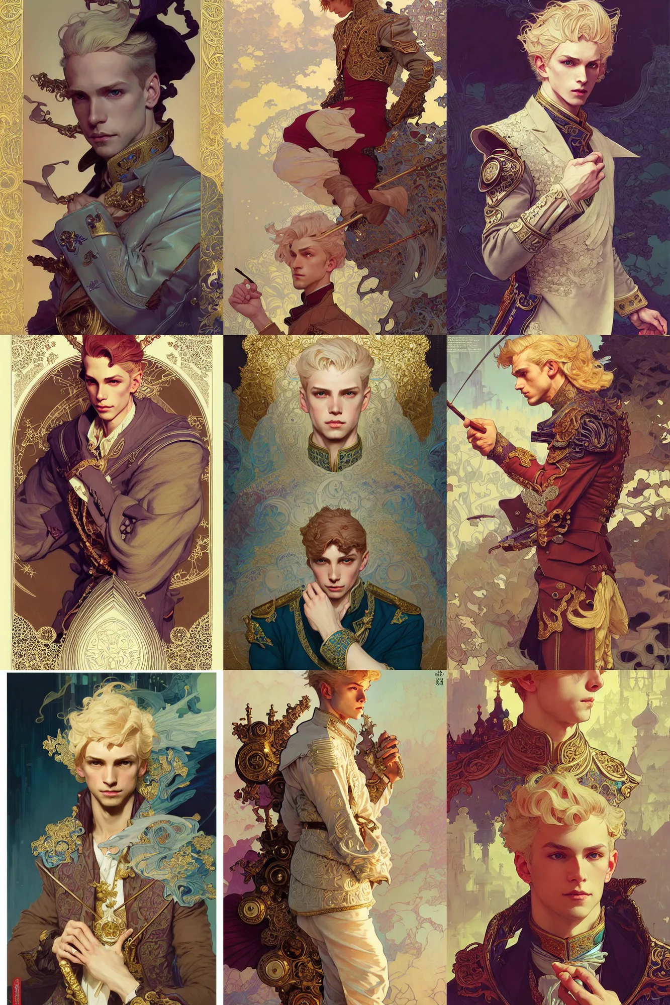 Prompt: young prince, blonde hair, russian clothes, fantasy, highly detailed, intricate, smooth, art by joseph leyendecker, peter mohrbacher, ruan jia, marc simonetti, ayami kojima, cedric peyravernay, alphonse mucha, victo ngai