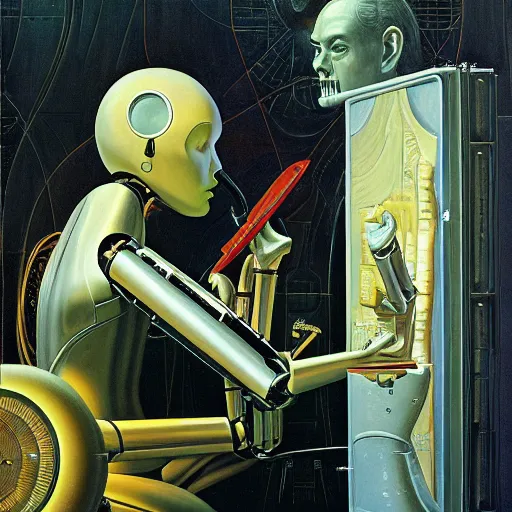 Prompt: robot artist artist painting a self portrait, by clyde caldwell, james c. christensen, h. r. giger, george tooker