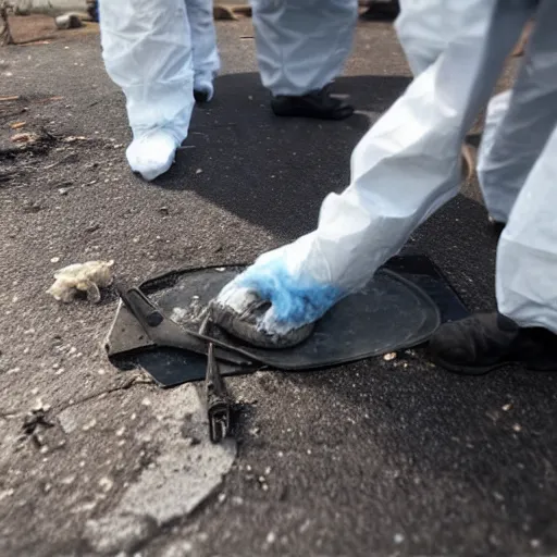 Image similar to hazmat team removes crusty stained stiff sock using tongs taking photos, photorealistic, unreal engine