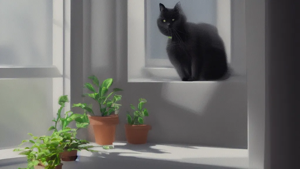 Image similar to peaceful dreamy painting of a content black cat sitting by a window and looking outside, sunshine coming through the window, small plants on the window sill, 8k, hyper realism, trending on artstation, octane render, oil painting