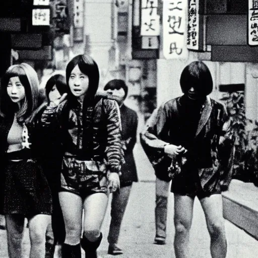 Image similar to 1 9 7 0 s japanese tv show, body - horror, bw, mechanical inhuman monsters walking the streets of shinjuku,