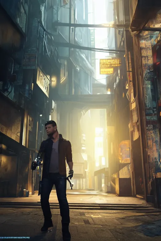 Image similar to a detailed full bodied 3 d render of an extremely handsome jensen ackles as time traveler walking down a dark alley in cyberpunk 2 0 7 7, holding a milkor mgl grenade launcher, aetherpunk, volumetric lighting, octane render, 8 k, art by greg rutkowski and albert bierstadt and alphones mucha