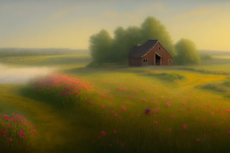 Prompt: a matte painting of a manitoba prairie, cottages, foggy, patchy flowers, oil painting, pale colors, high detail, 8 k, wide angle, trending on artstation,
