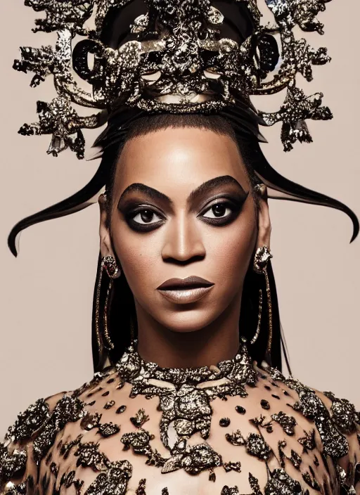 Image similar to photo of beyonce styled by nick knight posing, intricate headpiece, showstudio, face close up, vogue magazine, 2 0 2 0, canon, highly realistic. high resolution. highly detailed. dramatic. 8 k. 4 k. zeiss lens, canon eos, cinematic lighting, photography, film still