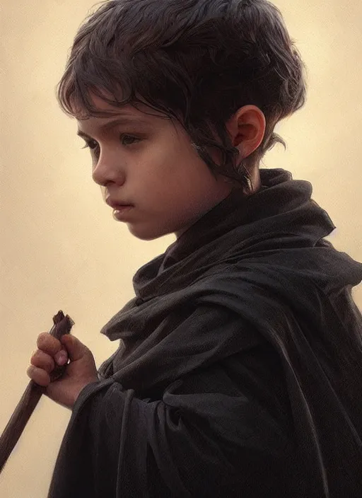 Image similar to perfectly - centered - portrait of a kid wearing black cloak holding stick, intricate, highly detailed, digital painting, artstation, concept art, smooth, sharp focus, illustration, unreal engine 5, 8 k, art by artgerm and greg rutkowski and alphonse mucha