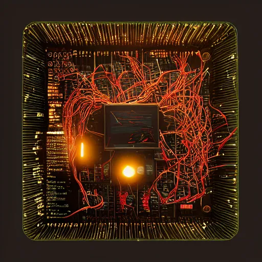 Image similar to a square computer coated in, clumps of hair, wires, leds, thermal sink, electronics,, skin, flesh, blood, guts and teeth, artstation