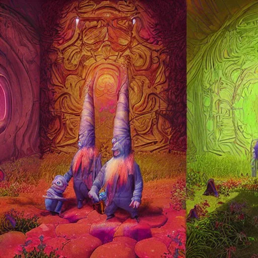 Image similar to hyperdetailed psychedelic horror fantasy portrait of garden gnomes by wayne barlowe and beeple, vivid color, album cover,