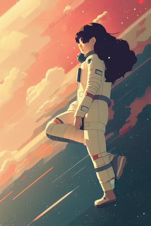 Image similar to poster of a female astronaut by ilya kuvshinov, cloudy sky background lush landscape ln illustration concept art anime key visual trending pixiv by victo ngai fanbox by greg rutkowski makoto shinkai takashi takeuchi studio ghibli