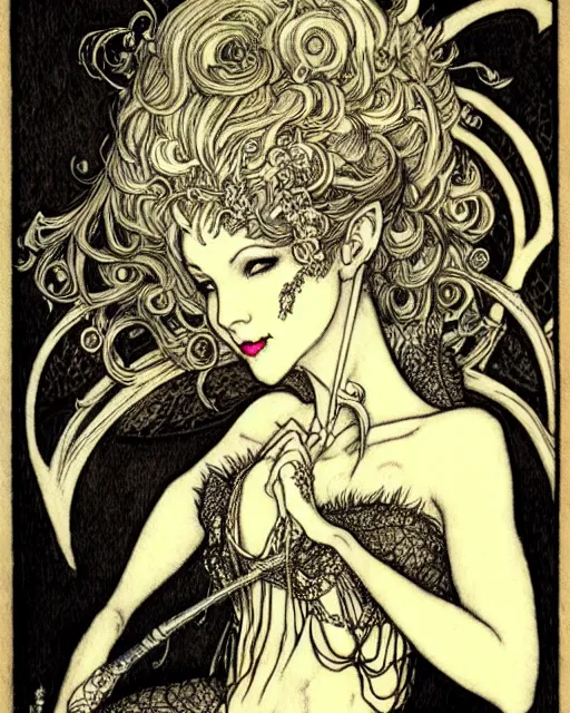 Image similar to burlesque fairy, fantasy character portrait, ultra realistic, concept art, intricate details, art nouveau, japanese woodblock, cinematic, highly detailed by arthur rackham