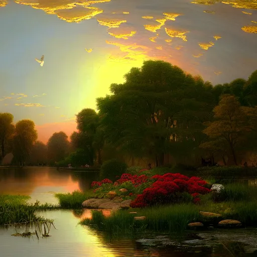 Prompt: a painting of a duck pond at sunset, surrounded by flower bushes, a detailed matte painting by Michael James Smith, deviantart, hudson river school, terragen, trending on artstation