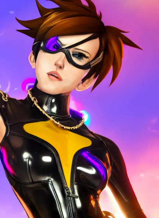 Image similar to full body digital artwork of tracer overwatch, wearing black iridescent rainbow latex swimsuit, 4 k, expressive happy smug expression, makeup, in style of mark arian, wearing detailed black leather collar, wearing chains, black leather harness, leather cuffs around wrists, detailed face and eyes,