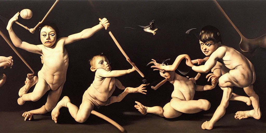 Image similar to “A painting by Caravaggio Dali Steichen depicting an early precursor to baseball called frogbat in which smiling children swing large black bats by their bat wing to hit a frog ball thrown by an insane child. The giant winged black bats love being swung by the children. 8k, mixed media, vray, maya, Houdini, zbrush, unreal engine, detailed, black bats, trending on artstation. ”