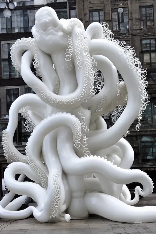 Prompt: 3 d full head and shoulders beautiful white porcelain head, flowing massive hair, thick octopus tentacles and chinese gold dragons, giant sculpture on a platform in a wide city street, by theodor seuss geisel and daniel arsham and xiang duan