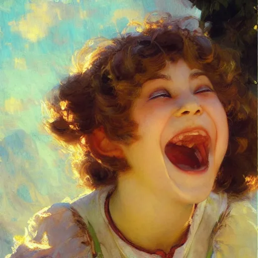 Prompt: a detailed portrait of am adorable anime girl laughing, painting by gaston bussiere, craig mullins, j. c. leyendecker