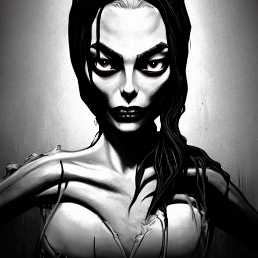 Image similar to michael karcz grunge drawing of margot robbie. , in the style of corpse bride, loony toons style, horror themed, detailed, elegant, intricate, trending on artstation, 4k