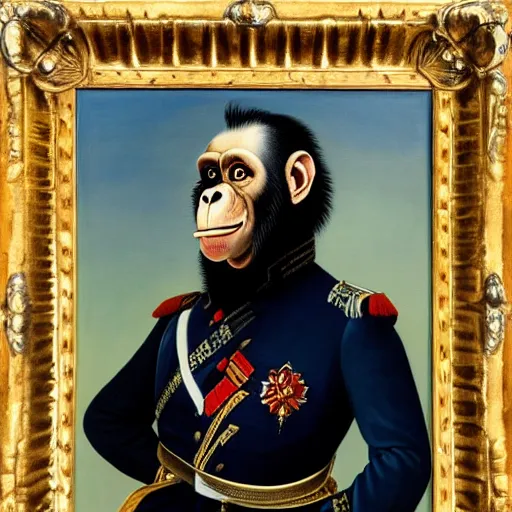 Image similar to An exquisite modern painting of a chimpanzee dressed like a bearded Napoleon with correct military uniform, no frames