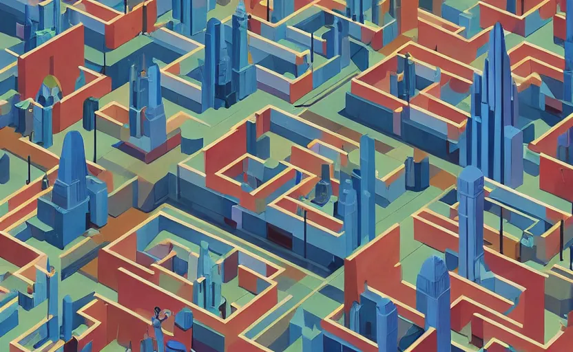 Image similar to An isometric shot of city in a shape of Maze , very coherent, painted by Edward Hopper, Wayne Barlowe, painted by James Gilleard, airbrush, art by JamesJean