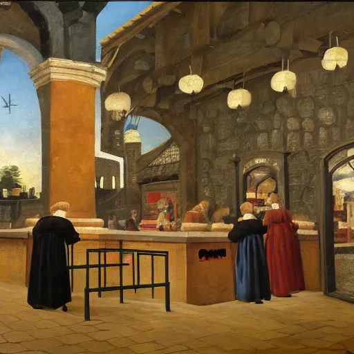 Prompt: oil painting of 1 5 th century mcdonalds restaurant