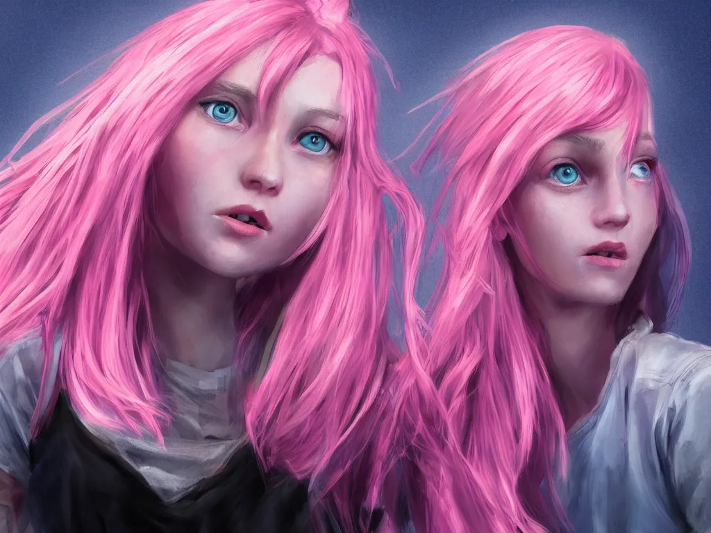 Prompt: concept art for the main character in the award winning film named life is better in pink. the character is a unnaturally beautiful teenage girl with deep blue eyes and pink dyed hair, wearing only light pink clothes. cg render, high key lighting, trending on art station, vibrant colors.
