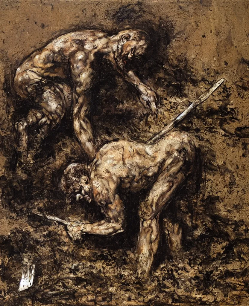 Image similar to a man with a shovel standing digging up a grave with a dead body, by Nicola Samori, painting, 8k, high detail