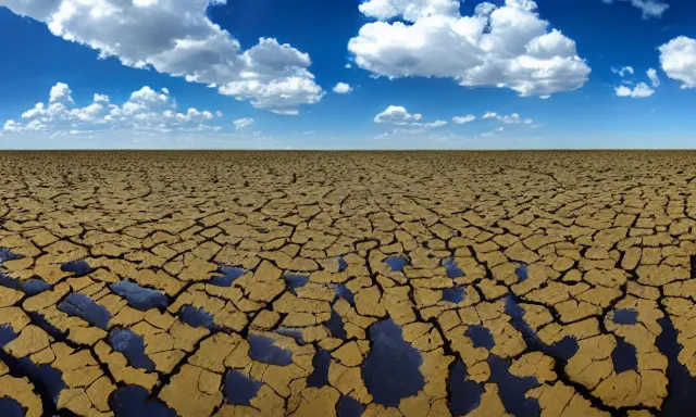 Image similar to panorama of big raindrops flying upwards into the perfect cloudless blue sky from a dried up river in a desolate land, dead trees, blue sky, hot and sunny highly-detailed, elegant, dramatic lighting, artstation, 4k, cinematic landscape, photograph by National Geographic