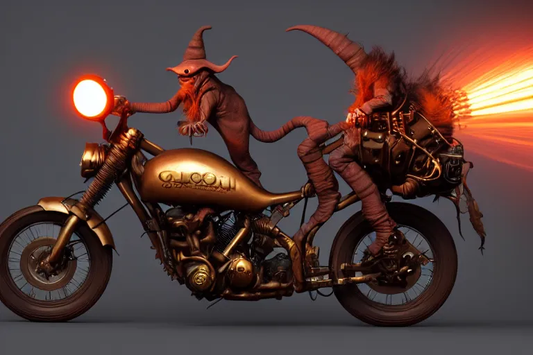 Image similar to a goblin riding a steampunk motorcycle, volumetric light, hyperdetailed, artstation, cgsociety, 8k