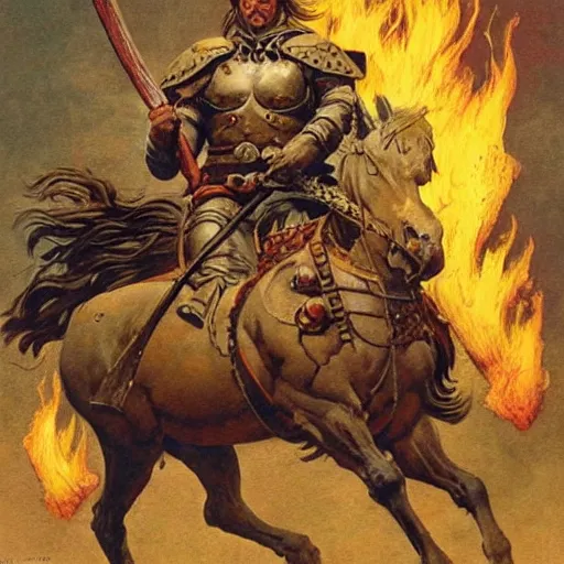 Image similar to a warrior riding a horse, holding an axe surrounded by fire. Artwork by Moebius and Frank Frazetta