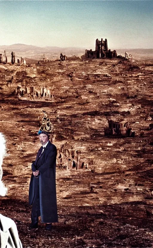 Prompt: salvador dali wearing a crown with jewels in a dry rocky desert landscape, visible sky and sunny atmosphere, alien city ruins in the background, film still from the movie by alejandro jodorowsky with cinematogrophy of christopher doyle and art direction by hans giger, anamorphic lens, kodakchrome, very detailed photo, 8 k