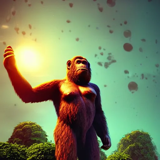 Prompt: cinema 4D colorful render, utopian jungle in space , planet of the apes, ape kingdom, old decaying statue of ape, a detailed zoned in human anatomy veins, nature, heavy green, dramatic lens flares, apes hanging from vines, a evil dark sun , depth field, unreal engine, sharp, incredible detail, professional composition, quality digital art, 4k, 4k concept art and hyper realism